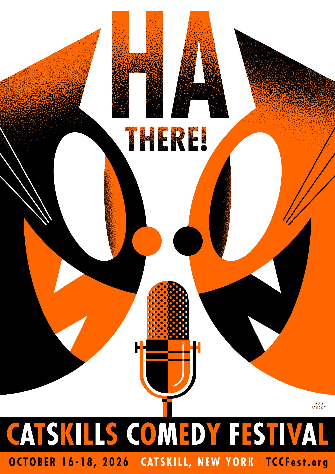 2026 Catskills Comedy Festival poster by Bob Staake: two stylized cat faces at a vintage microphone